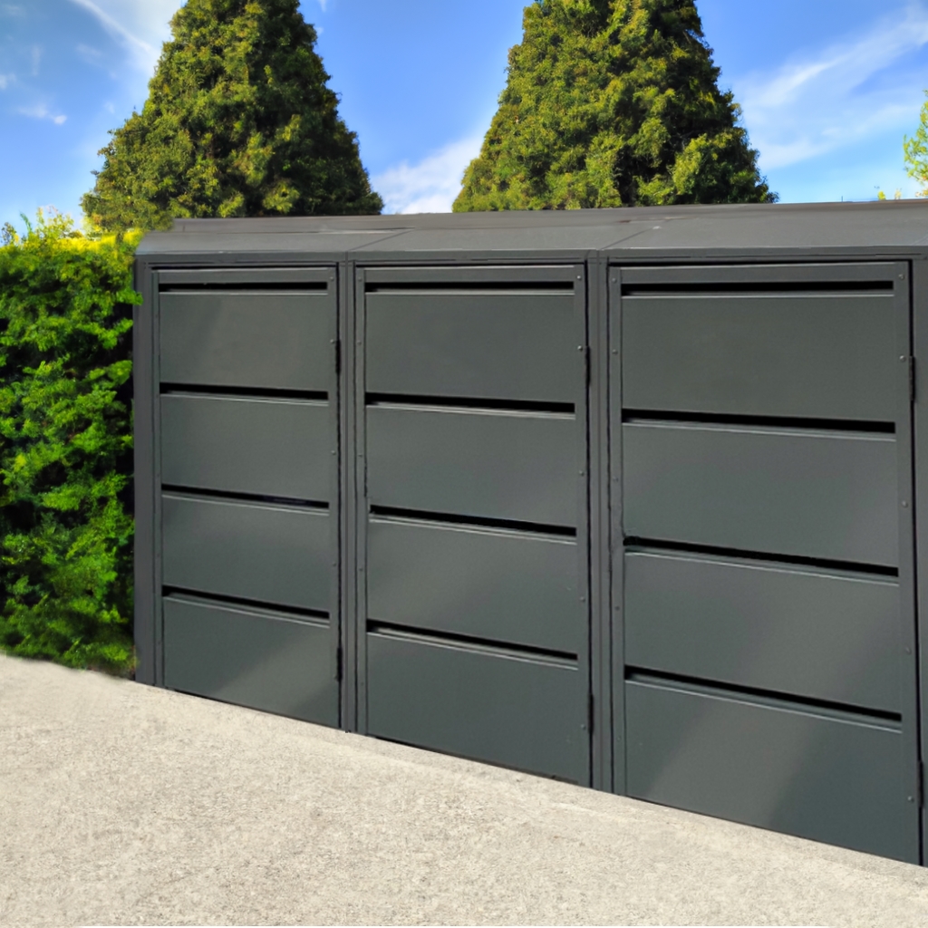 3er Mülltonnenbox 120L | Feuerverzinktes Metall mit Sichtstreifen